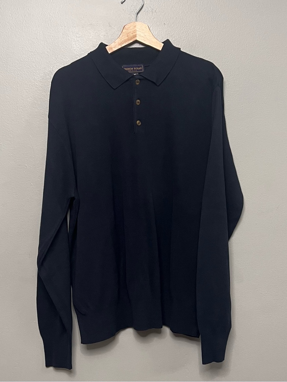 VTG 90s Andrew Rohan Navy Blue Long Sleeve Knit Polo Sweater Collar USA Made LG